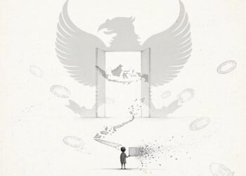 Ilustrasi: Seorang anak kecil berdiri di ruang kosong, memegang kartu identitas yang hancur menjadi debu, menatap pintu terbuka yang jauh di depan. Di balik pintu, bayangan Garuda dan peta Indonesia samar-samar menunggu. Jejak kertas yang menghubungkan anak itu dengan pintu terputus di tengah jalan, dikelilingi stempel-stempel birokrasi yang melayang tanpa makna. Pulang bukan soal loket, tapi soal dijemput.