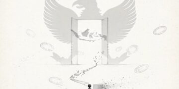 Ilustrasi: Seorang anak kecil berdiri di ruang kosong, memegang kartu identitas yang hancur menjadi debu, menatap pintu terbuka yang jauh di depan. Di balik pintu, bayangan Garuda dan peta Indonesia samar-samar menunggu. Jejak kertas yang menghubungkan anak itu dengan pintu terputus di tengah jalan, dikelilingi stempel-stempel birokrasi yang melayang tanpa makna. Pulang bukan soal loket, tapi soal dijemput.
