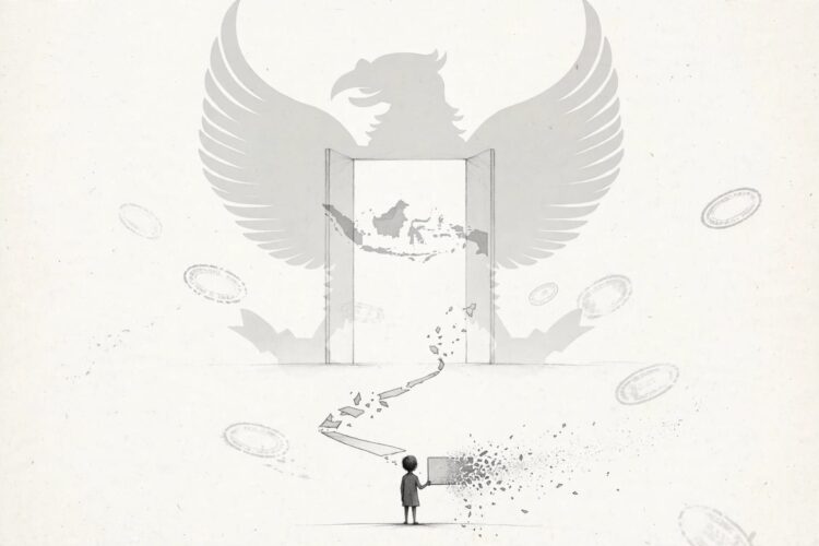 Ilustrasi: Seorang anak kecil berdiri di ruang kosong, memegang kartu identitas yang hancur menjadi debu, menatap pintu terbuka yang jauh di depan. Di balik pintu, bayangan Garuda dan peta Indonesia samar-samar menunggu. Jejak kertas yang menghubungkan anak itu dengan pintu terputus di tengah jalan, dikelilingi stempel-stempel birokrasi yang melayang tanpa makna. Pulang bukan soal loket, tapi soal dijemput.