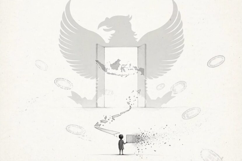 Ilustrasi: Seorang anak kecil berdiri di ruang kosong, memegang kartu identitas yang hancur menjadi debu, menatap pintu terbuka yang jauh di depan. Di balik pintu, bayangan Garuda dan peta Indonesia samar-samar menunggu. Jejak kertas yang menghubungkan anak itu dengan pintu terputus di tengah jalan, dikelilingi stempel-stempel birokrasi yang melayang tanpa makna. Pulang bukan soal loket, tapi soal dijemput.