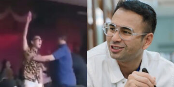 Utusan Khusus Presiden Bidang Pembinaan Generasi Muda dan Pekerja Seni, Raffi Ahmad (kanan), mendadak mendapat aksi protes (kiri) saat menghadiri Indonesia Youth Summit 2026 di Teater Jakarta, Taman Ismail Marzuki (TIM), Jakarta Pusat, Jumat, 30 Oktober 2026. FOTO/Kolase.