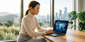 Seorang wanita profesional muda yang sedang bekerja di depan laptop di sebuah ruangan modern dengan pemandangan kota yang luas. Suasana foto terasa hangat, tenang, dan produktif. FOTO/AI for HAI.