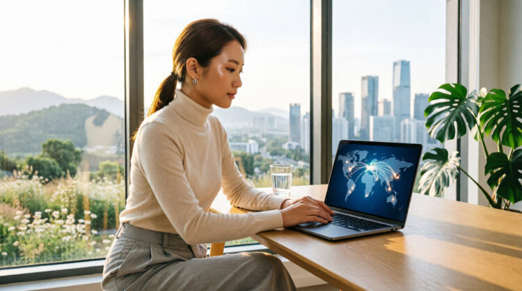 Seorang wanita profesional muda yang sedang bekerja di depan laptop di sebuah ruangan modern dengan pemandangan kota yang luas. Suasana foto terasa hangat, tenang, dan produktif. FOTO/AI for HAI.