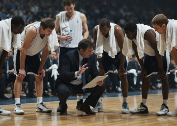 A basketball coach gives strategic instructions to the players during a timeout in the middle of a game. The players, with towels around their necks and leaning forward, listen intently as the coach points to the strategy board. A serious atmosphere is evident on the faces of the entire team as they focus on the explanation of game tactics.