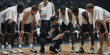 A basketball coach gives strategic instructions to the players during a timeout in the middle of a game. The players, with towels around their necks and leaning forward, listen intently as the coach points to the strategy board. A serious atmosphere is evident on the faces of the entire team as they focus on the explanation of game tactics.