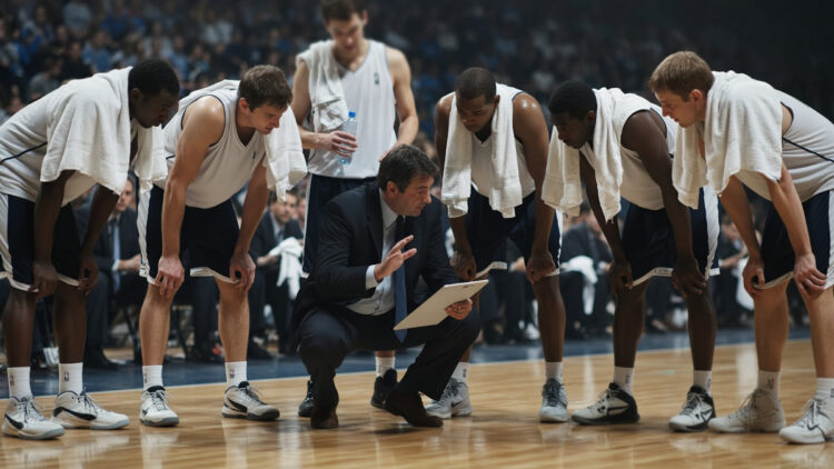 A basketball coach gives strategic instructions to the players during a timeout in the middle of a game. The players, with towels around their necks and leaning forward, listen intently as the coach points to the strategy board. A serious atmosphere is evident on the faces of the entire team as they focus on the explanation of game tactics.
