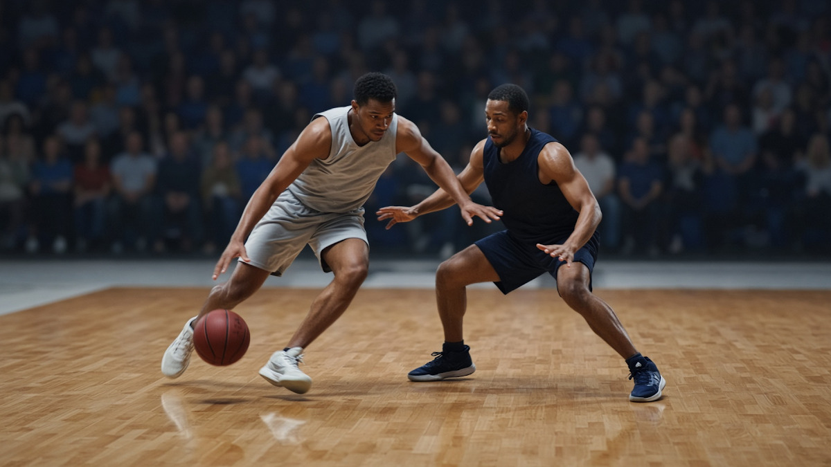 A dynamic moment from a basketball game featuring a one-on-one duel. The ball handler drives forward with determination while being closely guarded by an opponent. The image highlights the competitive spirit and strategic movement inherent in the sport.