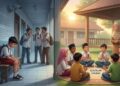 Ilustrasi kontras perundungan di sekolah dan pentingnya pendidikan karakter berbasis akhlak serta keadilan syariat untuk menciptakan lingkungan belajar yang aman bagi anak. FOTO/AI for HAI.