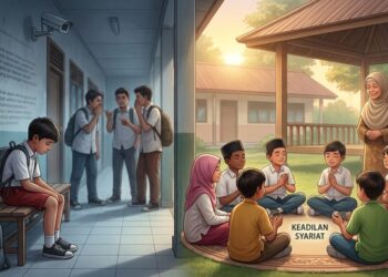 Ilustrasi kontras perundungan di sekolah dan pentingnya pendidikan karakter berbasis akhlak serta keadilan syariat untuk menciptakan lingkungan belajar yang aman bagi anak. FOTO/AI for HAI.