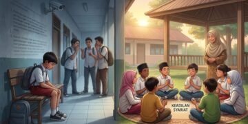 Ilustrasi kontras perundungan di sekolah dan pentingnya pendidikan karakter berbasis akhlak serta keadilan syariat untuk menciptakan lingkungan belajar yang aman bagi anak. FOTO/AI for HAI.