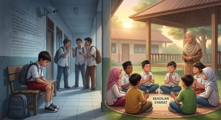 Ilustrasi kontras perundungan di sekolah dan pentingnya pendidikan karakter berbasis akhlak serta keadilan syariat untuk menciptakan lingkungan belajar yang aman bagi anak. FOTO/AI for HAI.