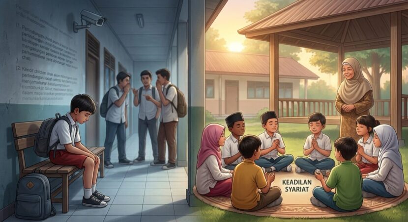 Ilustrasi kontras perundungan di sekolah dan pentingnya pendidikan karakter berbasis akhlak serta keadilan syariat untuk menciptakan lingkungan belajar yang aman bagi anak. FOTO/AI for HAI.