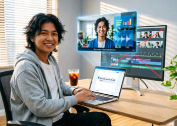 Content creator Indonesia yang sedang bekerja dengan santai di meja kerja modern yang terang dan nyaman. Visual ini merepresentasikan kemudahan dan efisiensi dalam membuat video menggunakan CutBay AI Video Agent. FOTO/AI for HAI.