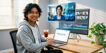 Content creator Indonesia yang sedang bekerja dengan santai di meja kerja modern yang terang dan nyaman. Visual ini merepresentasikan kemudahan dan efisiensi dalam membuat video menggunakan CutBay AI Video Agent. FOTO/AI for HAI.