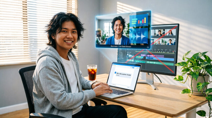 Content creator Indonesia yang sedang bekerja dengan santai di meja kerja modern yang terang dan nyaman. Visual ini merepresentasikan kemudahan dan efisiensi dalam membuat video menggunakan CutBay AI Video Agent. FOTO/AI for HAI.