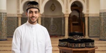 Pria muslim mengenakan baju koko krem dan peci hitam di halaman masjid.
