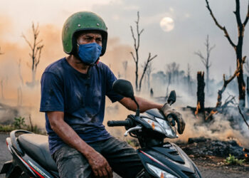 seorang pengemudi ojek online (ojol) berusia paruh baya duduk di atas sepeda motornya, mengenakan helm hijau tua dan masker kain berwarna biru