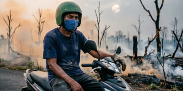 seorang pengemudi ojek online (ojol) berusia paruh baya duduk di atas sepeda motornya, mengenakan helm hijau tua dan masker kain berwarna biru