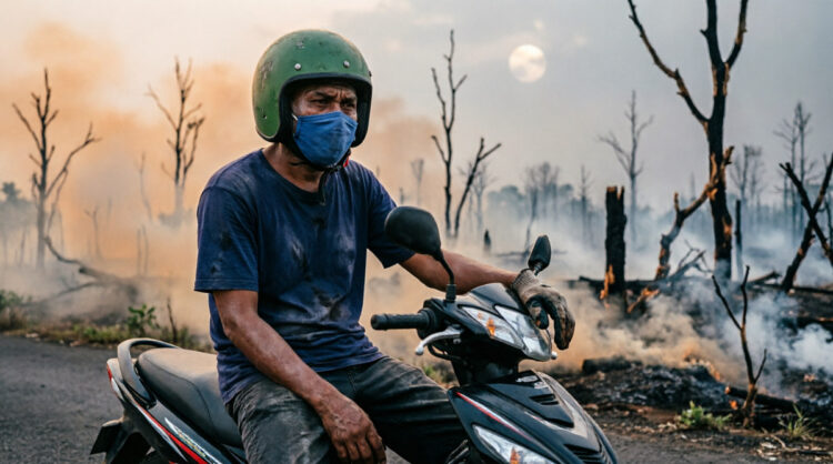seorang pengemudi ojek online (ojol) berusia paruh baya duduk di atas sepeda motornya, mengenakan helm hijau tua dan masker kain berwarna biru