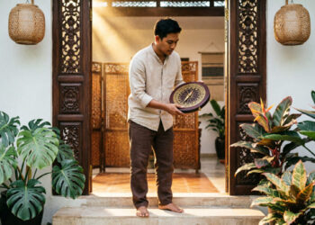 Seorang pria Indonesia berdiri di bingkai pintu utama rumahnya, memegang kompas feng shui (luopan) setinggi pinggang untuk mengukur arah hadap rumah. FOTO/AI for HAI.