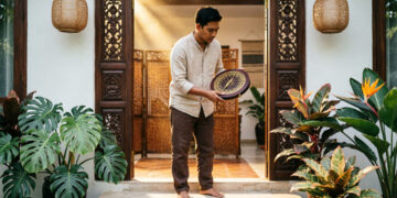 Seorang pria Indonesia berdiri di bingkai pintu utama rumahnya, memegang kompas feng shui (luopan) setinggi pinggang untuk mengukur arah hadap rumah. FOTO/AI for HAI.
