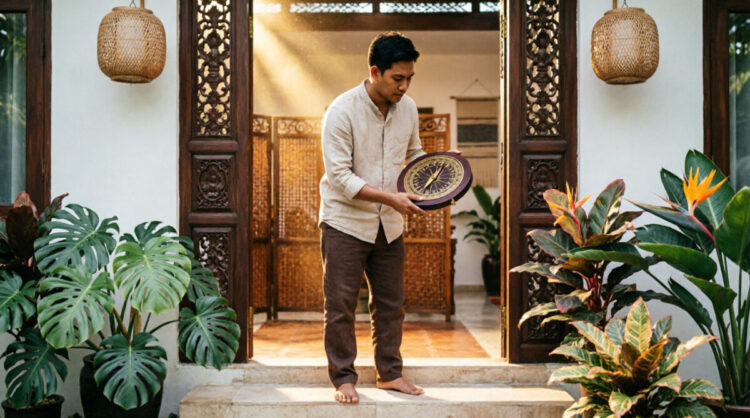 Seorang pria Indonesia berdiri di bingkai pintu utama rumahnya, memegang kompas feng shui (luopan) setinggi pinggang untuk mengukur arah hadap rumah. FOTO/AI for HAI.