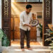 Seorang pria Indonesia berdiri di bingkai pintu utama rumahnya, memegang kompas feng shui (luopan) setinggi pinggang untuk mengukur arah hadap rumah. FOTO/AI for HAI.