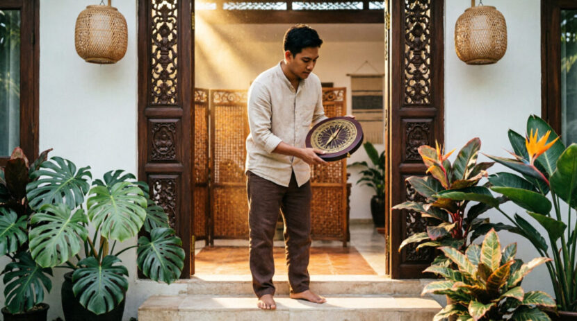 Seorang pria Indonesia berdiri di bingkai pintu utama rumahnya, memegang kompas feng shui (luopan) setinggi pinggang untuk mengukur arah hadap rumah. FOTO/AI for HAI.