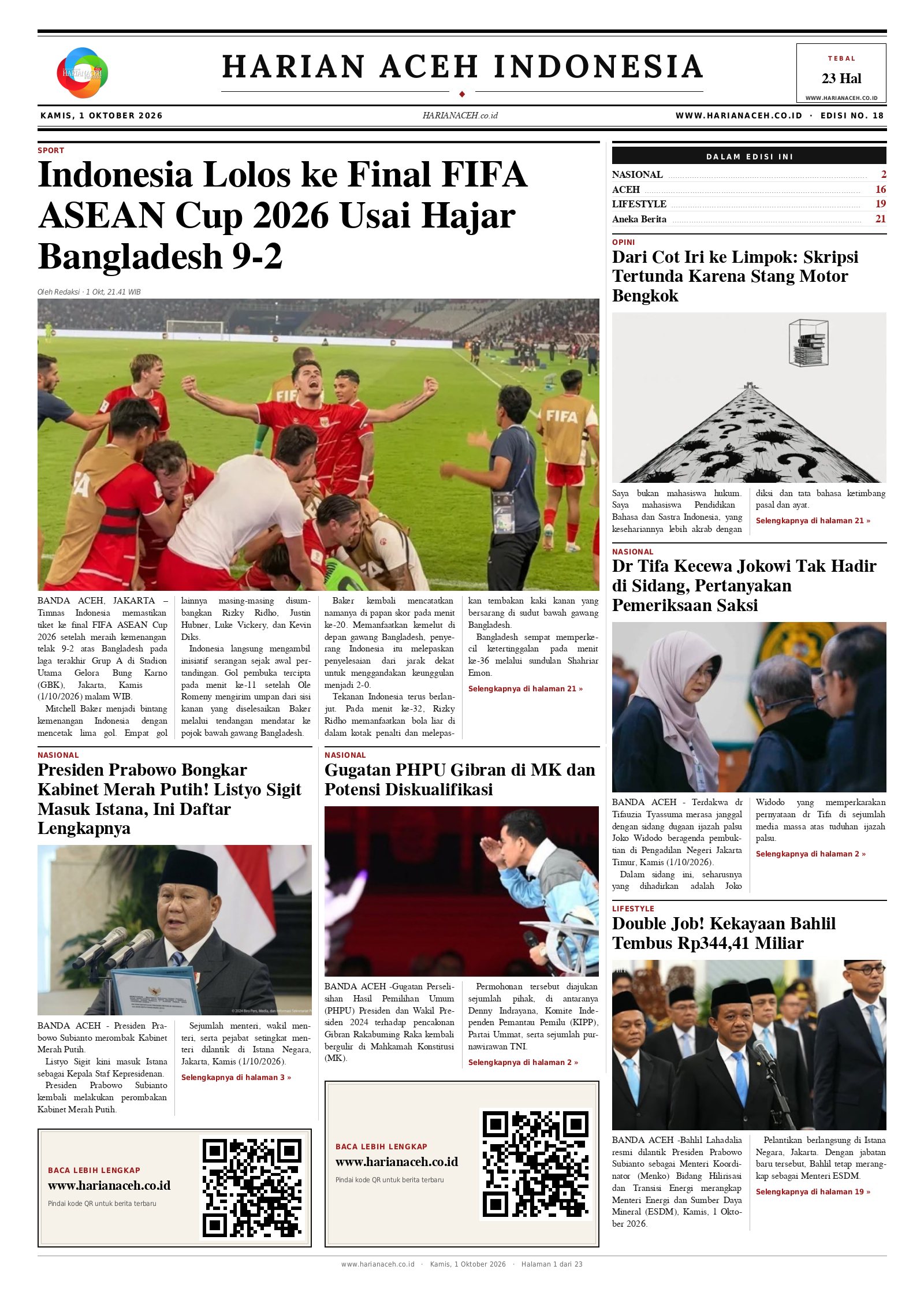 Halaman depan Harian Aceh Indonesia edisi Kamis, 1 Oktober 2026