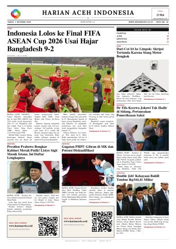 Halaman depan Harian Aceh Indonesia edisi Kamis, 1 Oktober 2026