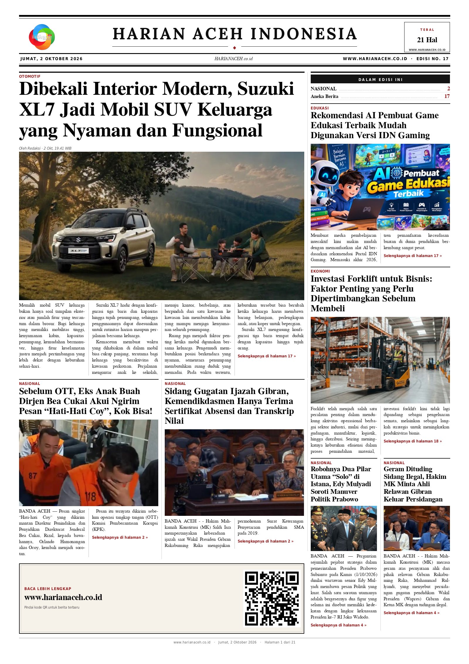 Halaman depan Harian Aceh Indonesia edisi Jumat, 2 Oktober 2026