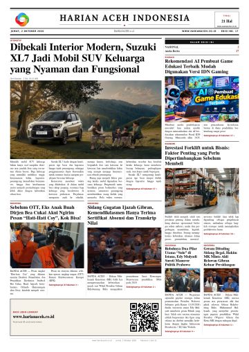 Halaman depan Harian Aceh Indonesia edisi Jumat, 2 Oktober 2026