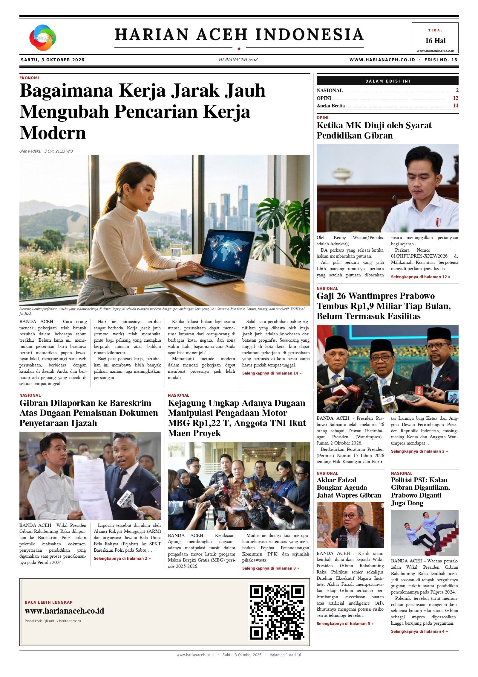 Halaman depan Harian Aceh Indonesia edisi Sabtu, 3 Oktober 2026