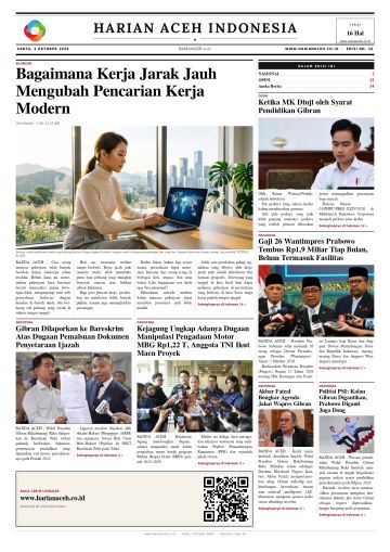 Halaman depan Harian Aceh Indonesia edisi Sabtu, 3 Oktober 2026