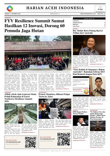 Halaman depan Harian Aceh Indonesia edisi Minggu, 4 Oktober 2026