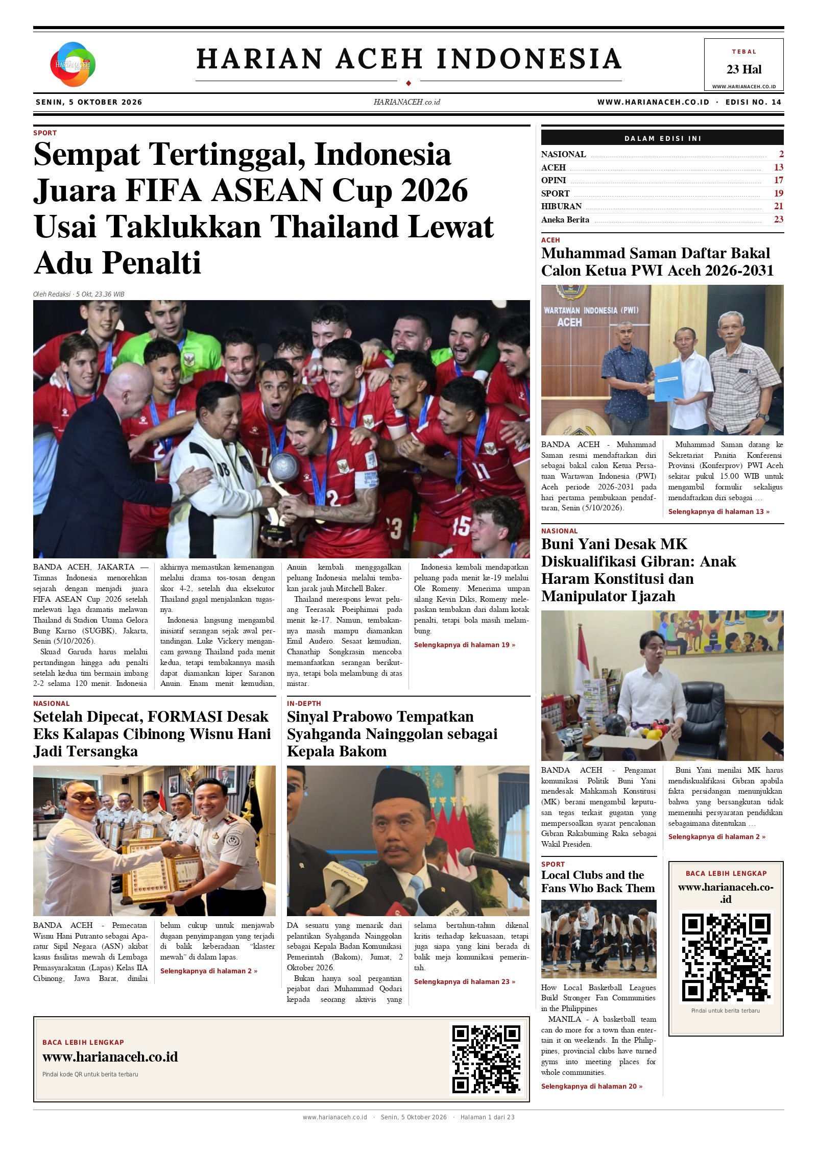 Halaman depan Harian Aceh Indonesia edisi Senin, 5 Oktober 2026