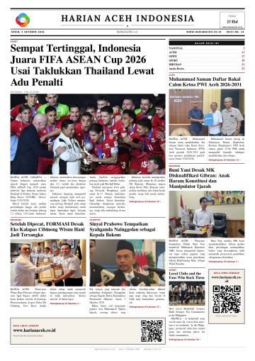Halaman depan Harian Aceh Indonesia edisi Senin, 5 Oktober 2026
