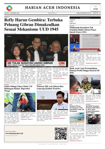Halaman depan Harian Aceh Indonesia edisi Selasa, 6 Oktober 2026