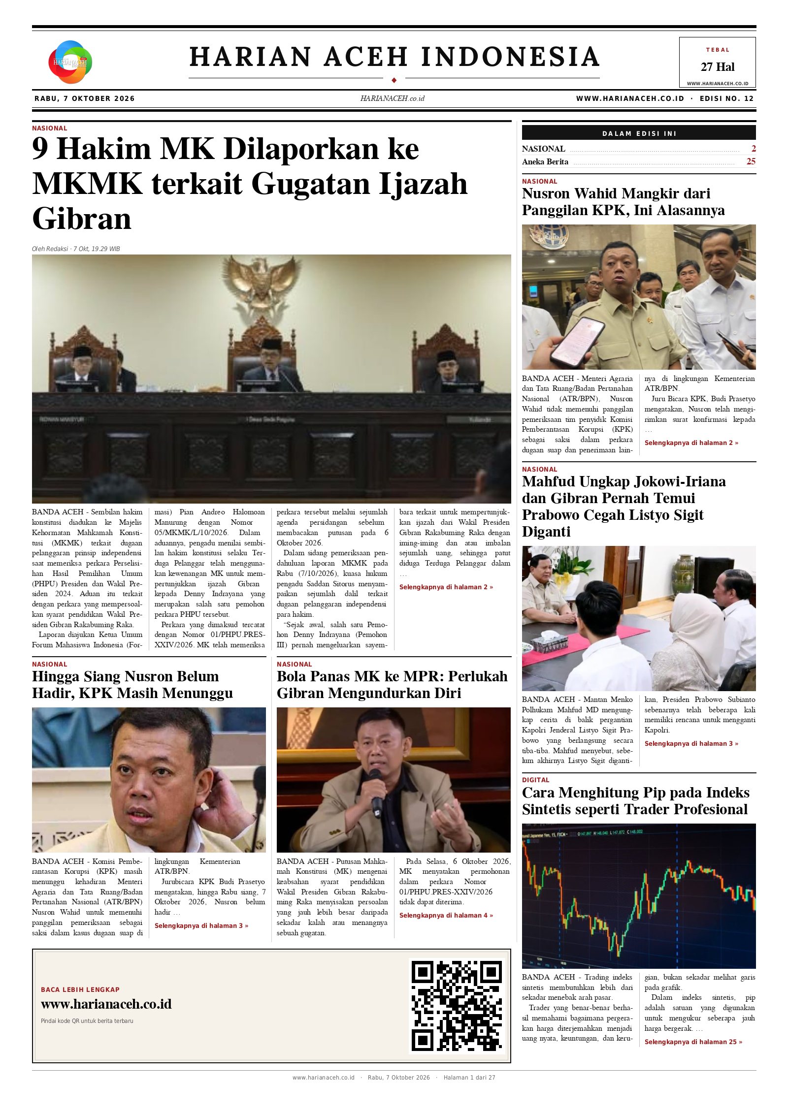 Halaman depan Harian Aceh Indonesia edisi Rabu, 7 Oktober 2026