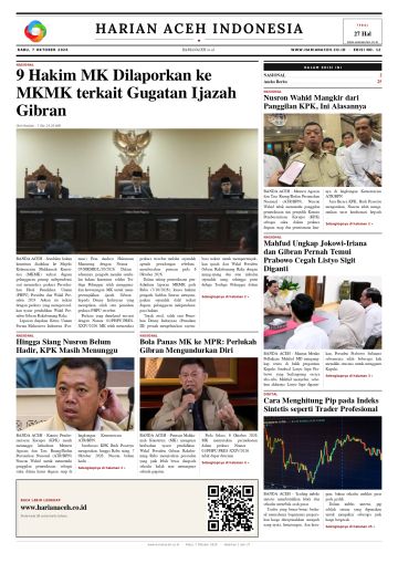 Halaman depan Harian Aceh Indonesia edisi Rabu, 7 Oktober 2026