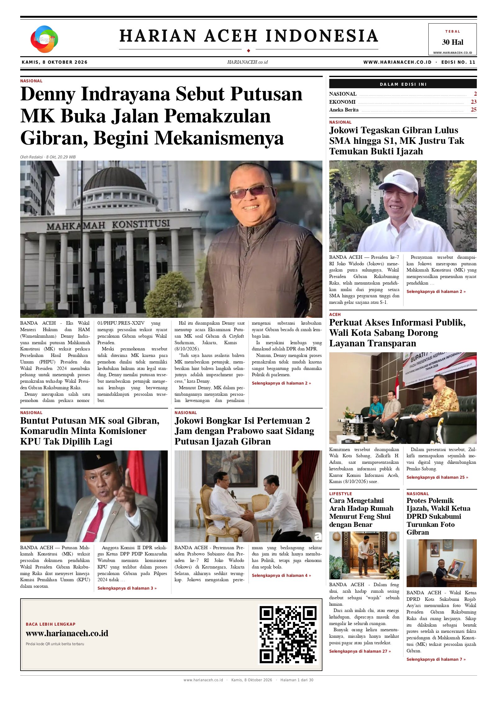 Halaman depan Harian Aceh Indonesia edisi Kamis, 8 Oktober 2026