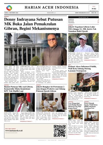 Halaman depan Harian Aceh Indonesia edisi Kamis, 8 Oktober 2026