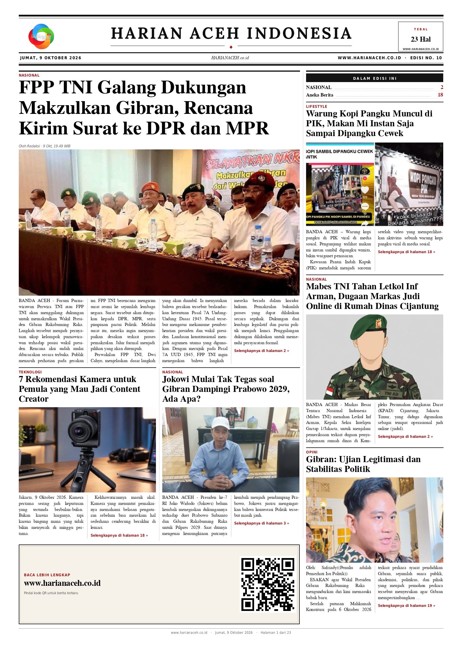 Halaman depan Harian Aceh Indonesia edisi Jumat, 9 Oktober 2026