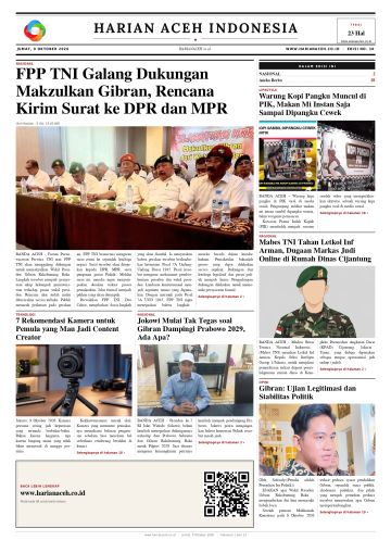 Halaman depan Harian Aceh Indonesia edisi Jumat, 9 Oktober 2026