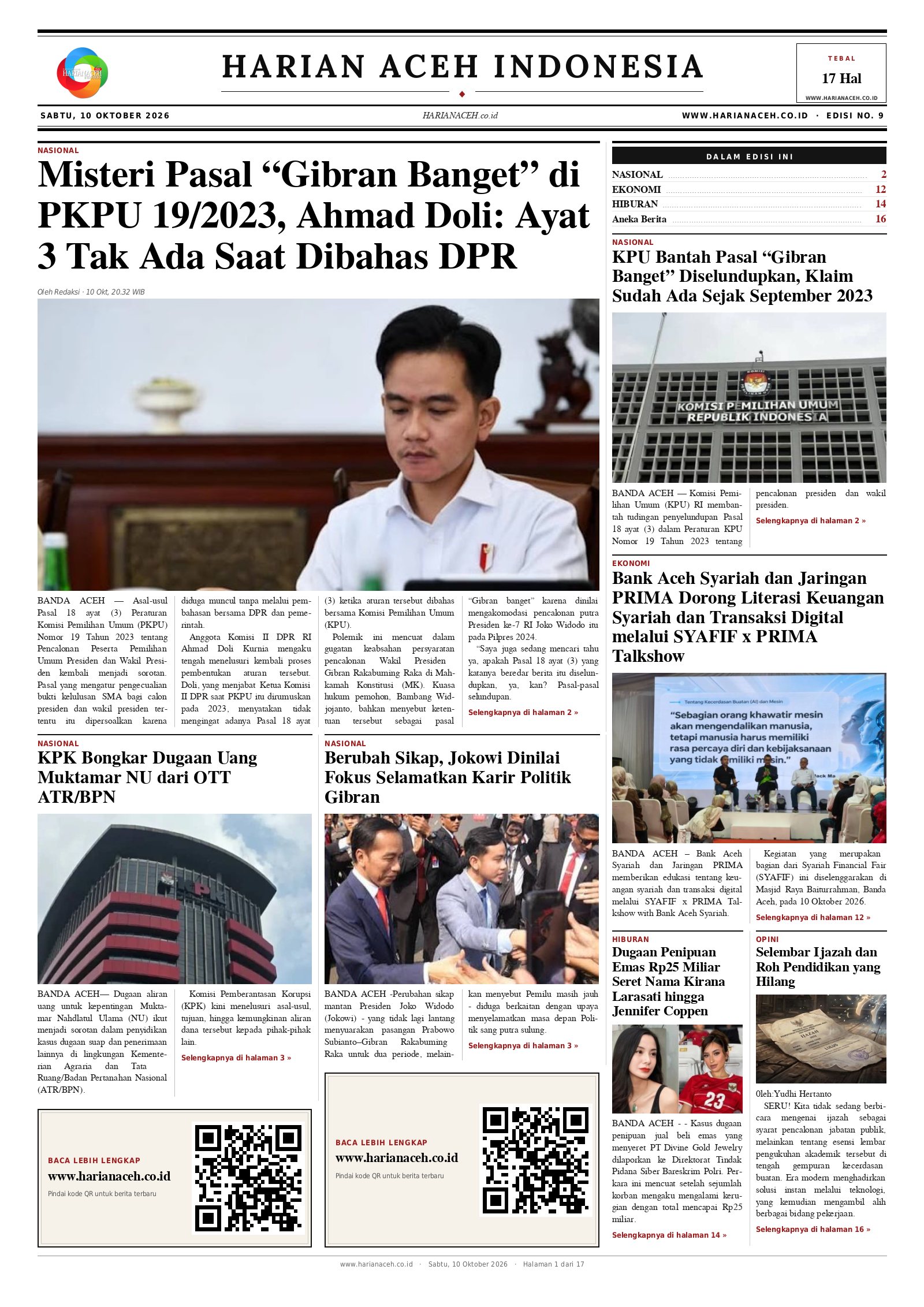 Halaman depan Harian Aceh Indonesia edisi Sabtu, 10 Oktober 2026