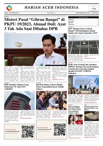 Halaman depan Harian Aceh Indonesia edisi Sabtu, 10 Oktober 2026