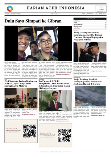 Halaman depan Harian Aceh Indonesia edisi Minggu, 11 Oktober 2026