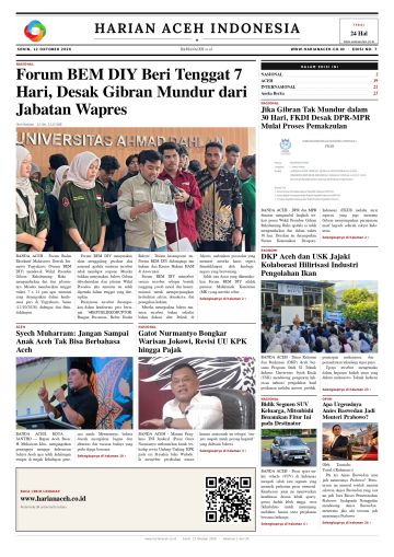 Halaman depan Harian Aceh Indonesia edisi Senin, 12 Oktober 2026