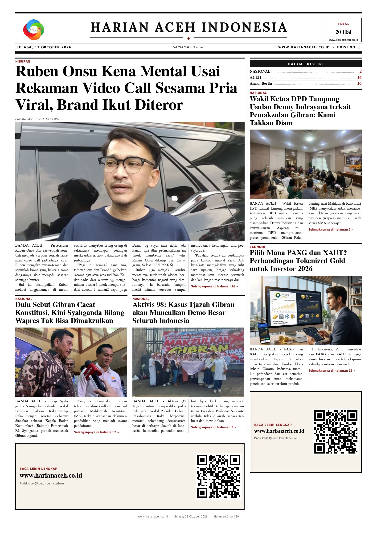 Halaman depan Harian Aceh Indonesia edisi Selasa, 13 Oktober 2026