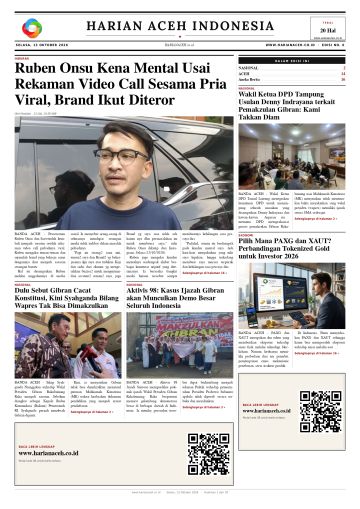 Halaman depan Harian Aceh Indonesia edisi Selasa, 13 Oktober 2026